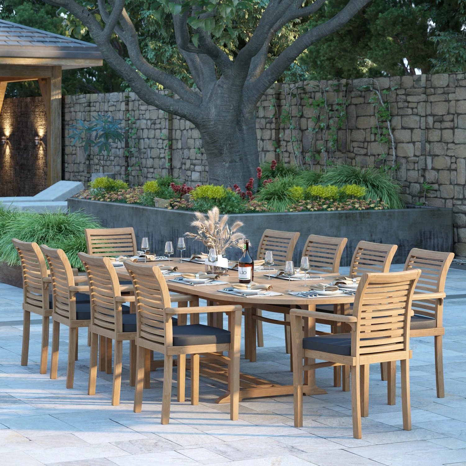 Algarve Teak Garden Dining Table And 10 Seat Chair Set - Teak Yellow