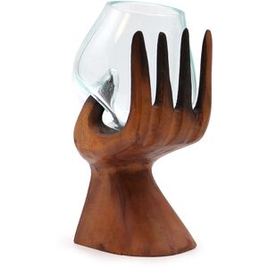 Carved Hand with Molten Glass Bowl