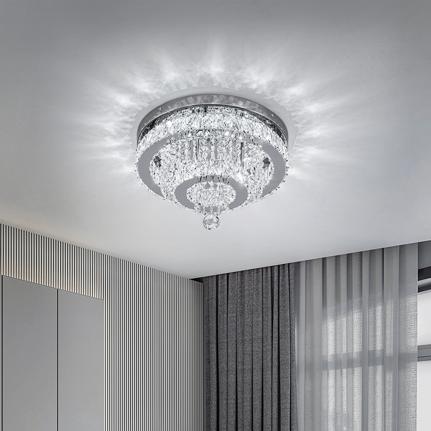 Elegant Crystal Layers Round Ceiling Light - Silver