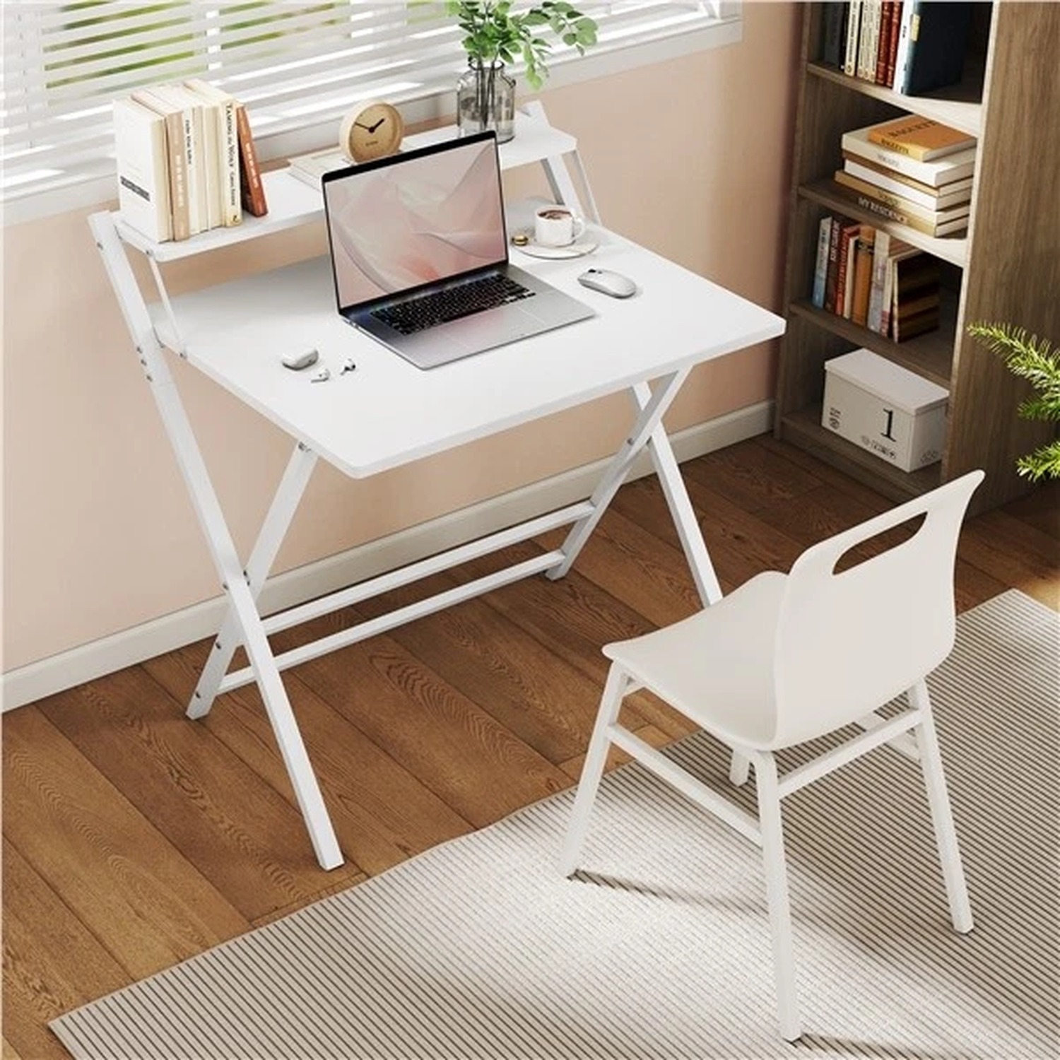 2-tier Foldable Computer Desk With Monitor Shelf - White