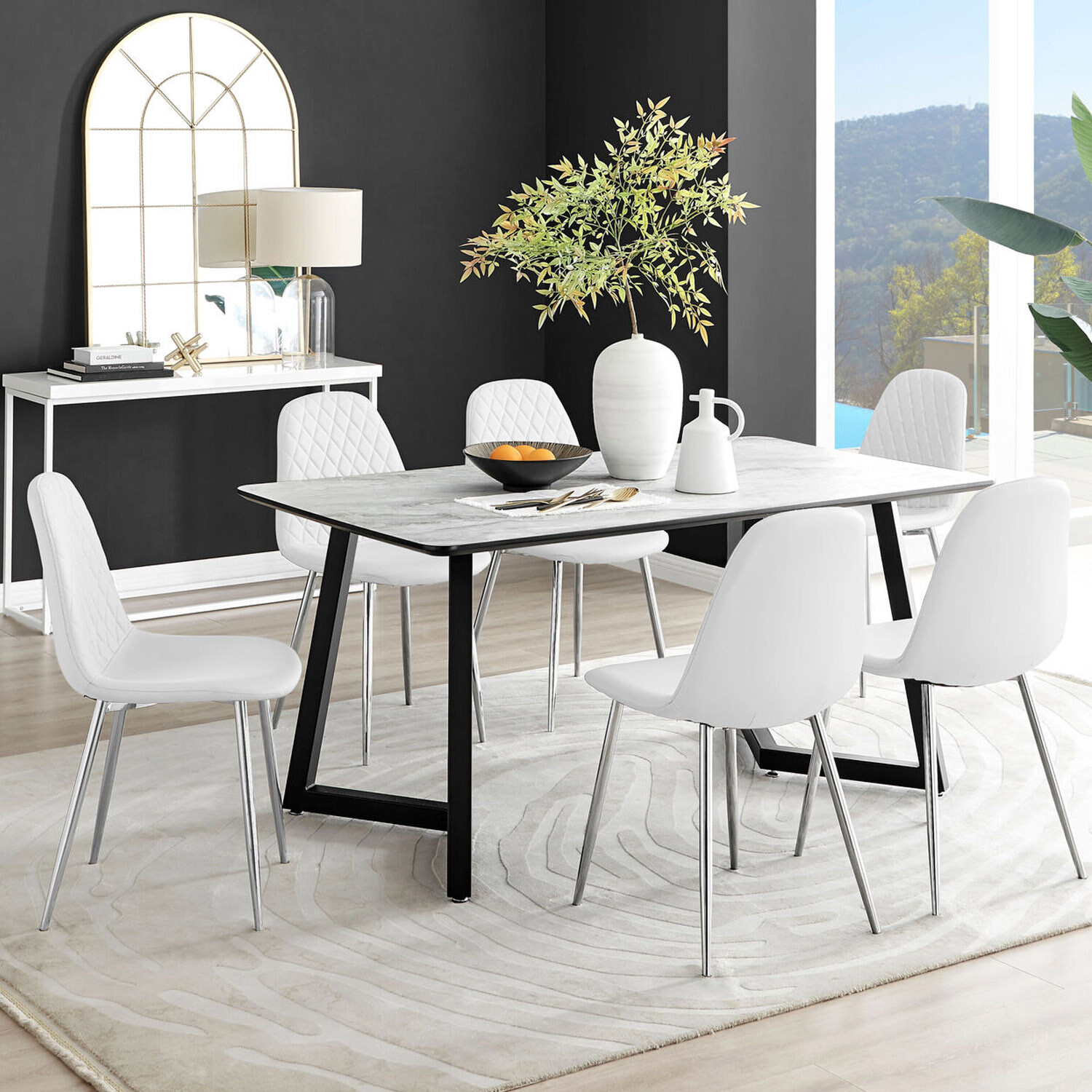 Furnitureboxuk Carson White Marble Effect Dining Table And 6 Corona Silver Chairs - White