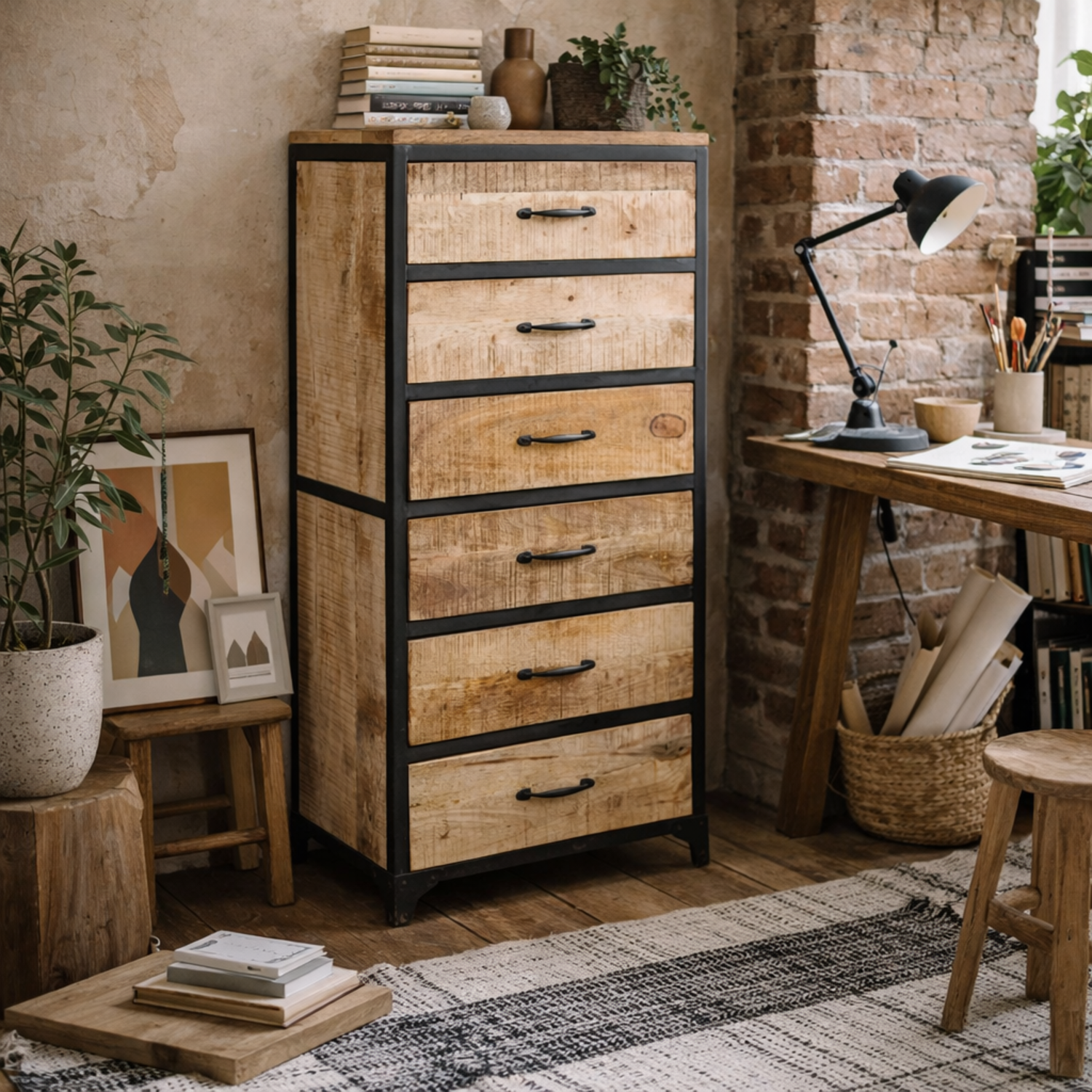 Toivakka 6-Drawer Reclaimed Wood Chest with Banded Iron Edges - Brown
