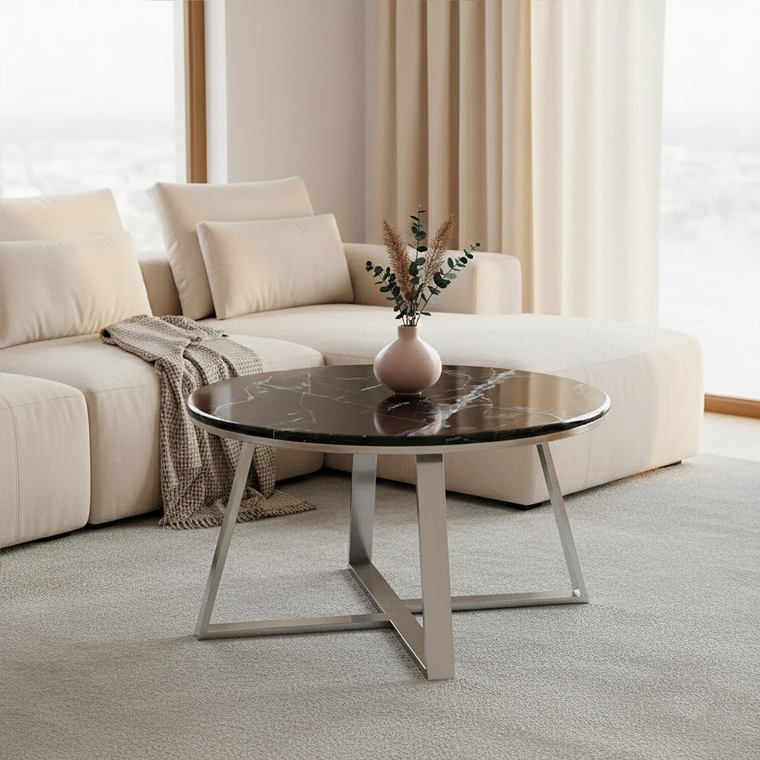 Alvaro Round Coffee Table With Black Marble Top - Black