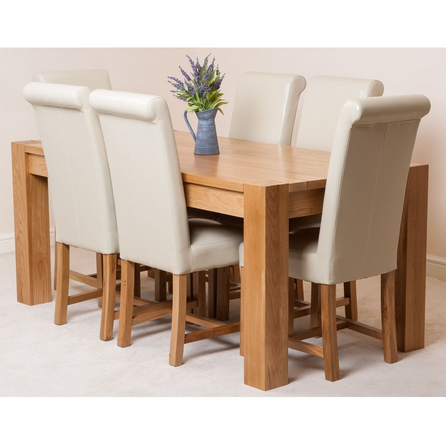 Thats Furniture Kuba 180 X 90 Cm Chunky Oak Dining Table And 6 Washington Leather Chairs - Cream
