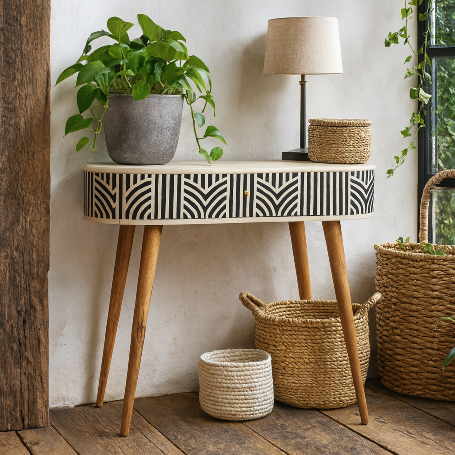 Honolulu Oval Console Table Solid Mango Wood and Bone Inlay Drawer - Black