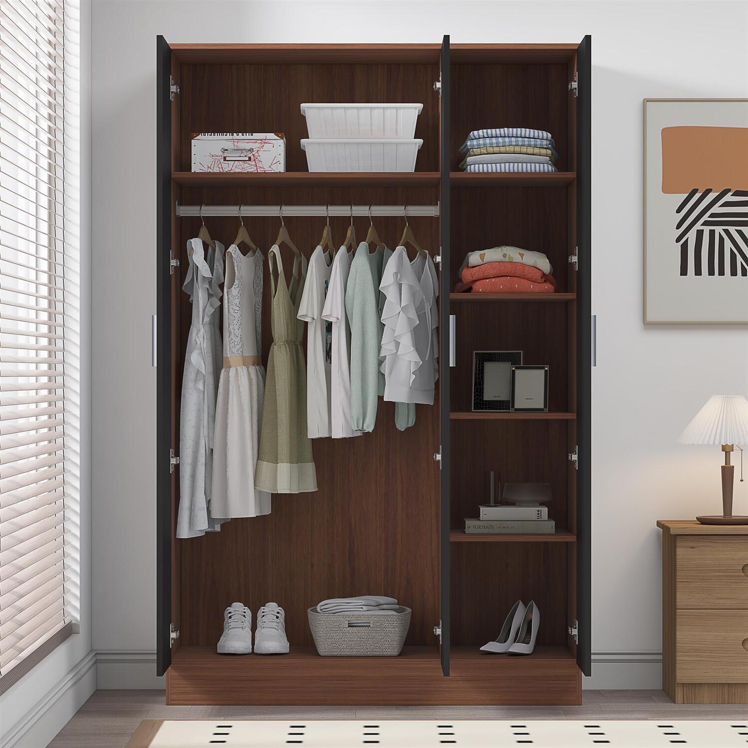 Reflect Wardrobe 3 Door Mirror - Black High Gloss Front / Walnut Matt Finish - Black Gloss / Matt Walnut