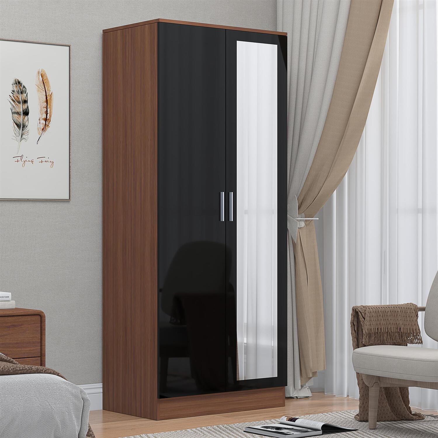 REFLECT Black Gloss Front Wardrobe 2 Door Mirror - Walnut Matt Carcass - Image 6