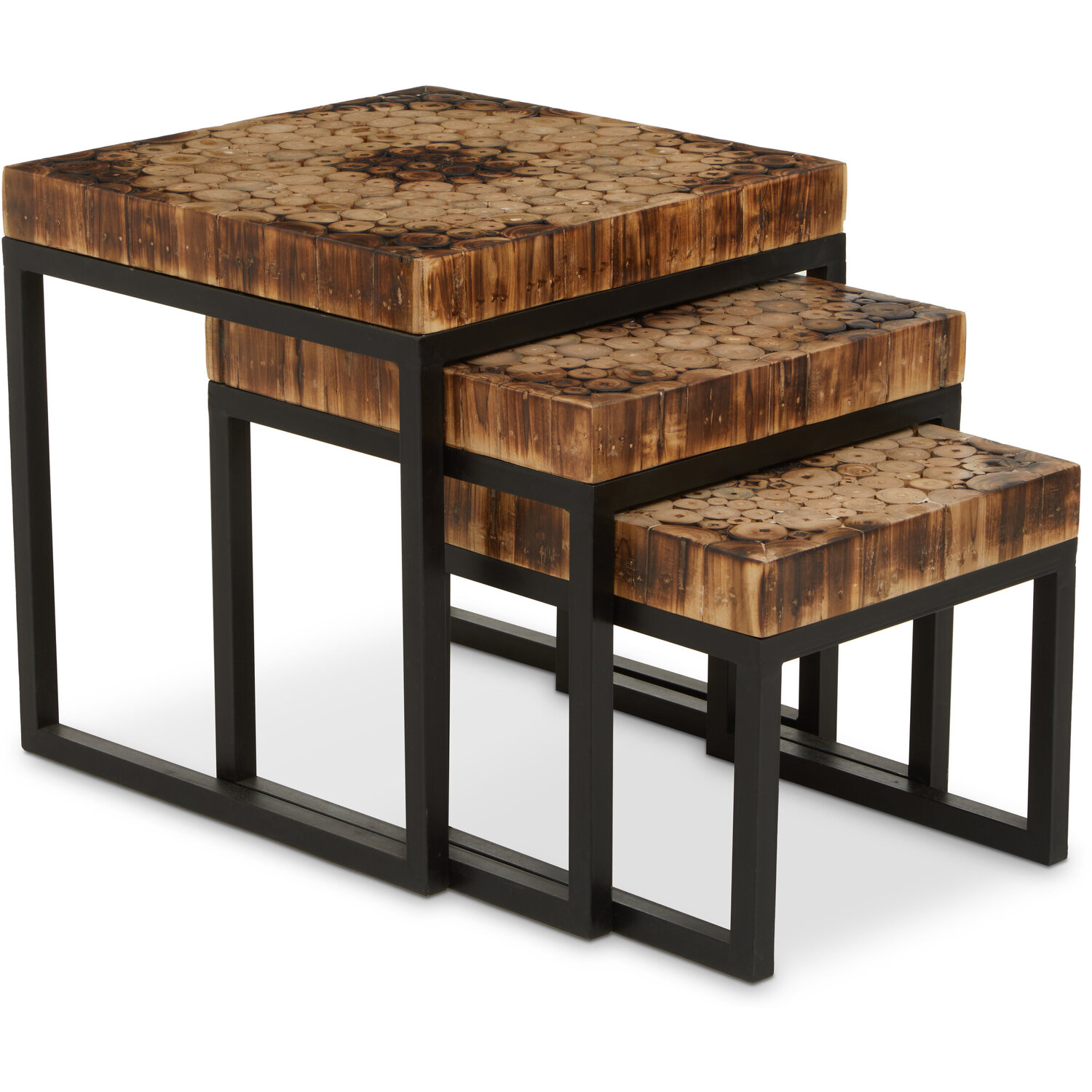 Malang Mosaic Teak Wood Set Of 3 Nesting Tables - Black, Natural