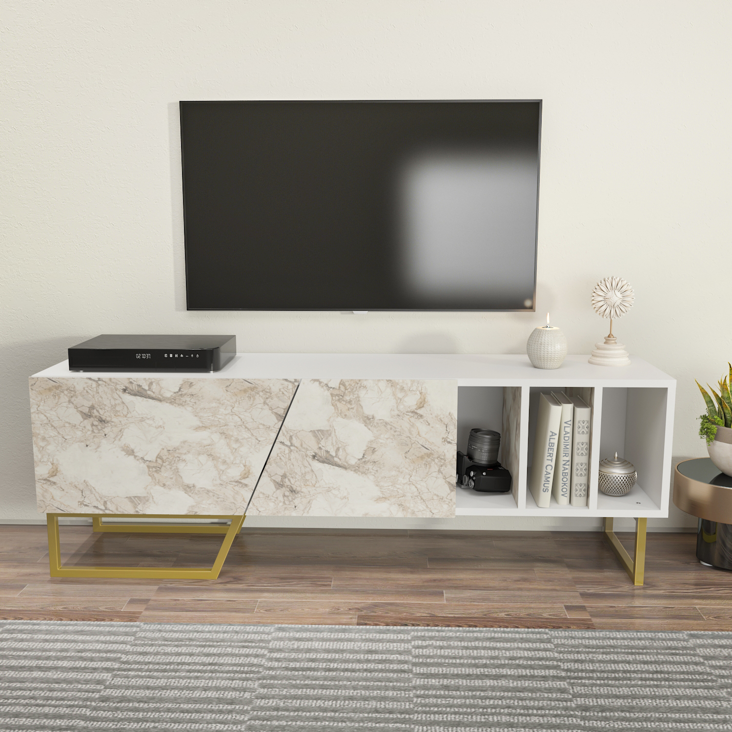 Decorotika Linossa Industrial Tv Unit Tvs Up To 60" - White Marble Effect And Gold