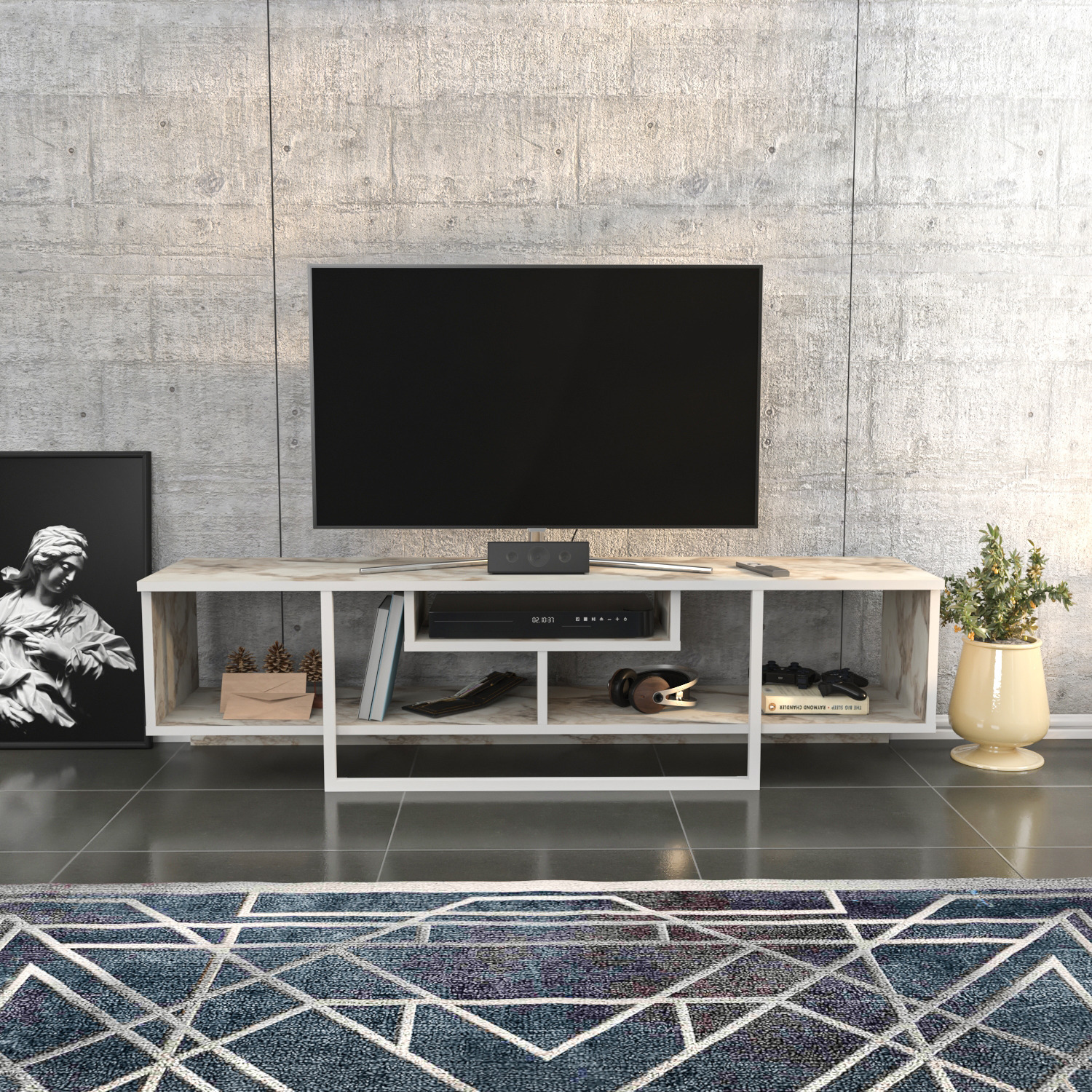 Asal TV Unit - White Marble Effect and White / 0cm / 400.00cm / 59in