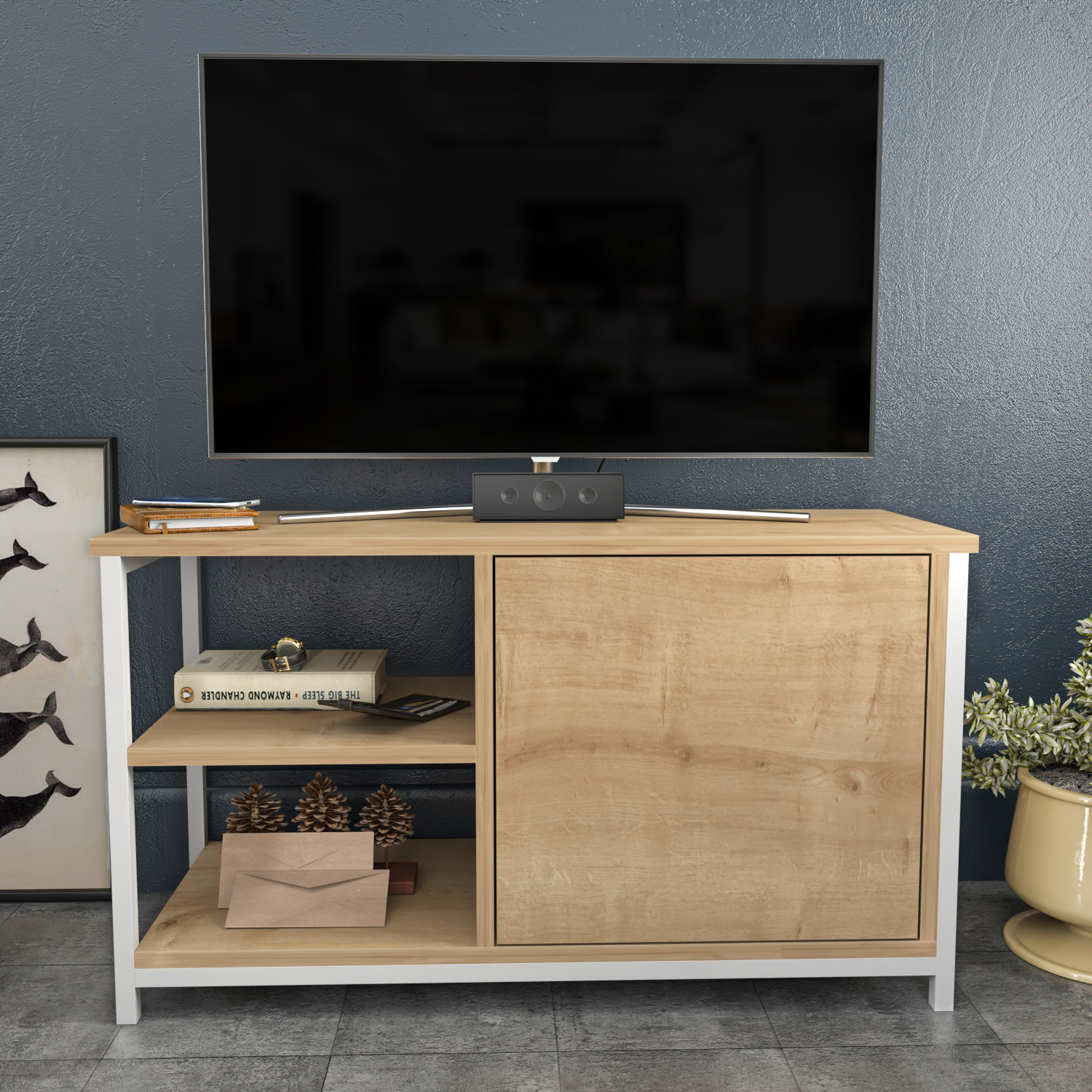 Muskegon TV Unit - White / Sapphire Oak