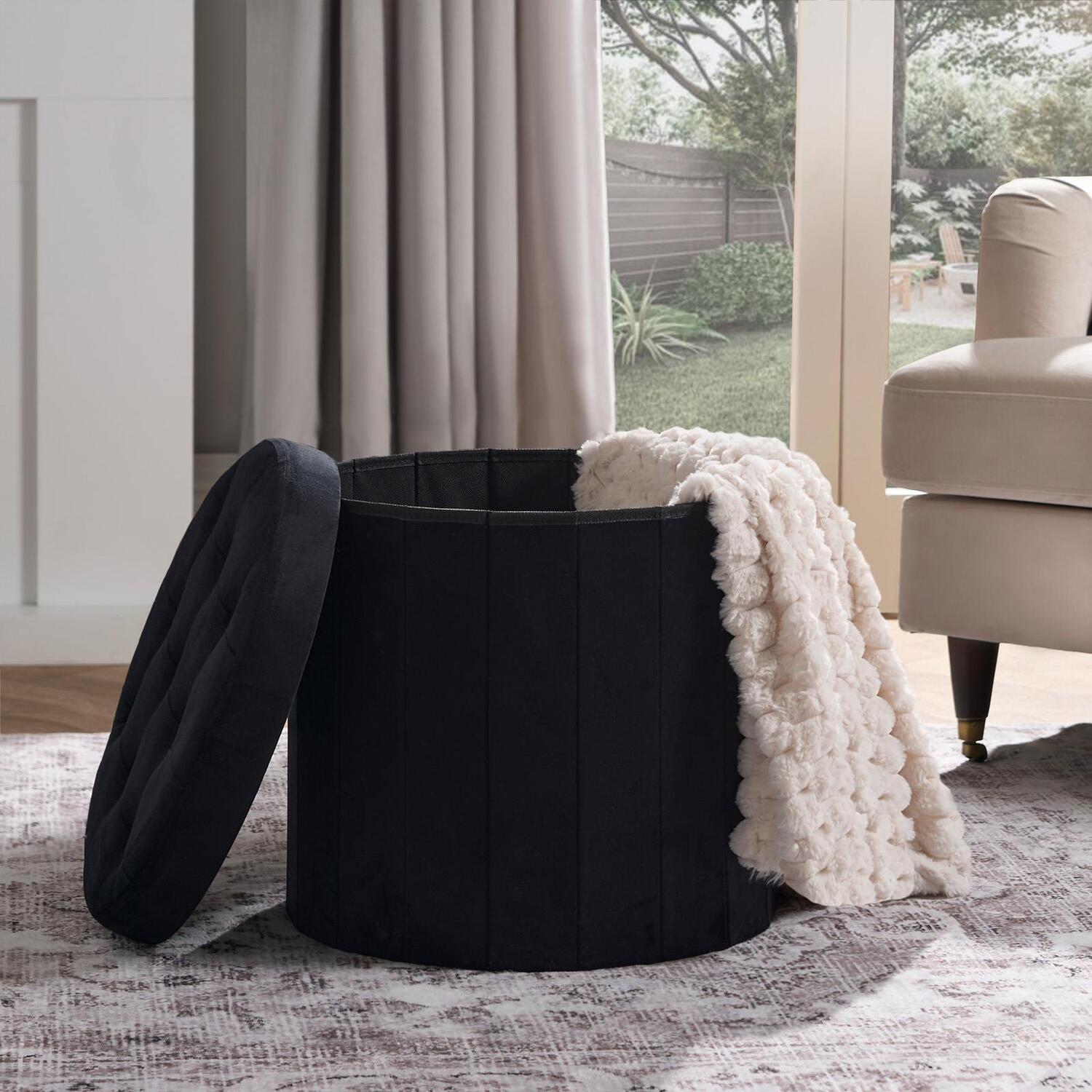 Ohs Matte Velvet Foldable Storage Ottoman - Black / 42Cm