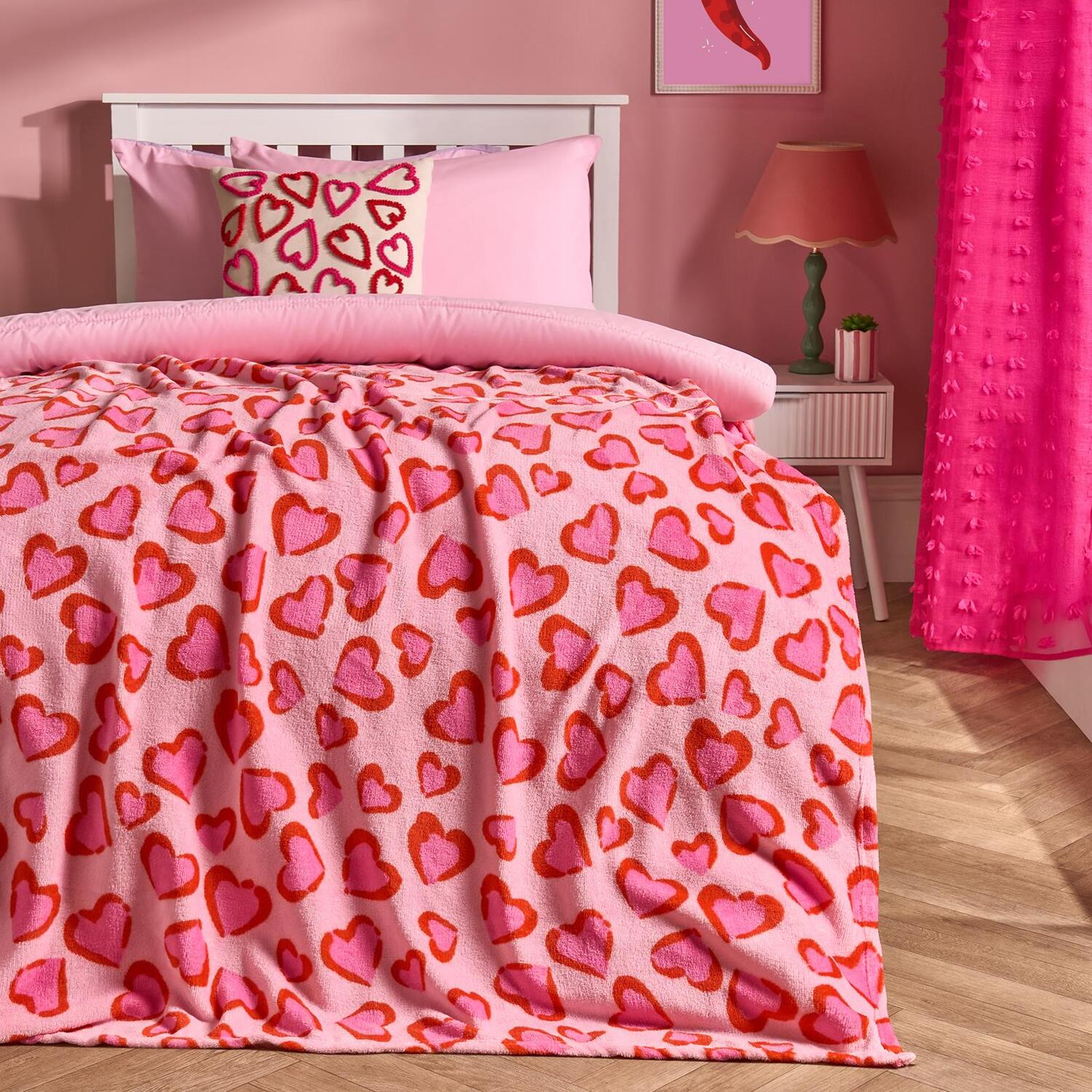 OHS Heart Leopard Flannel Fleece Throw Blanket Soft Bedspread in Pink | Size: 125 cm x 150 cm
