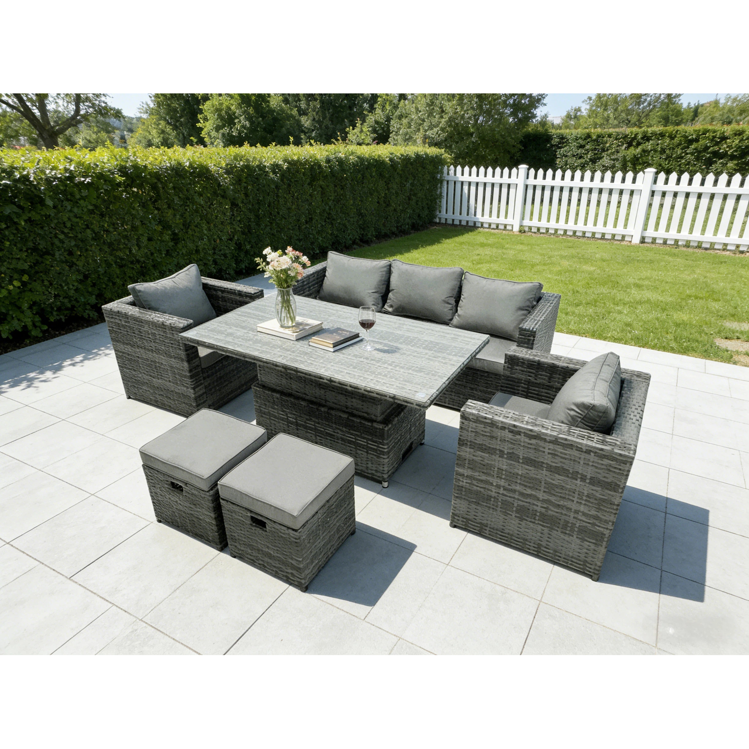 Fimous Rattan Sofa Set With Adjustable Rising Dining Table, Lounge Sofa