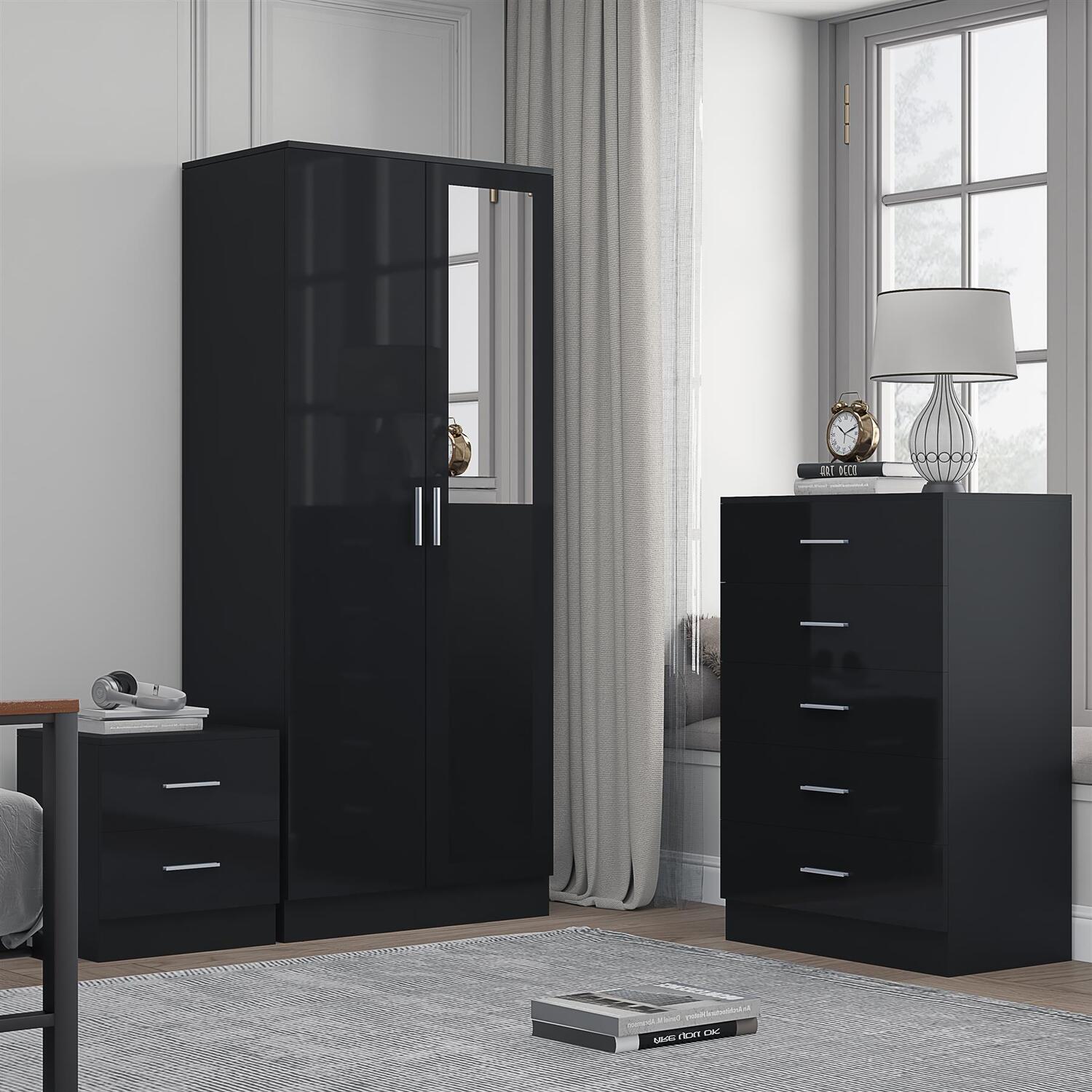 Reflect Bundle - 2Dr Mirror Wardrobe + Chest + Bedside - Black/Black - Black Gloss / Matt Black