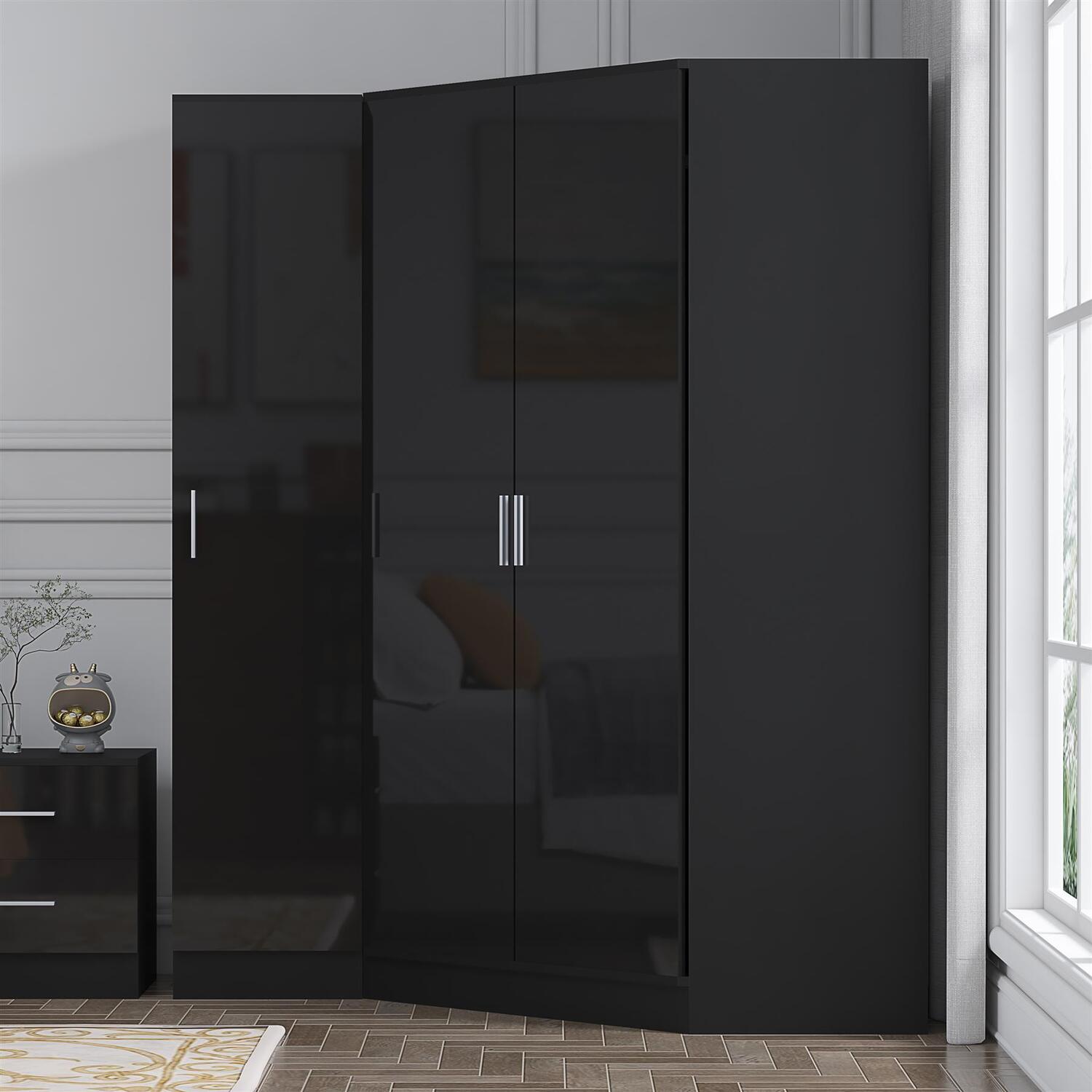 REFLECT Black Gloss 2 Door Corner + 1 Door Wardrobe - Black Oak Matt Carcass - Image 6