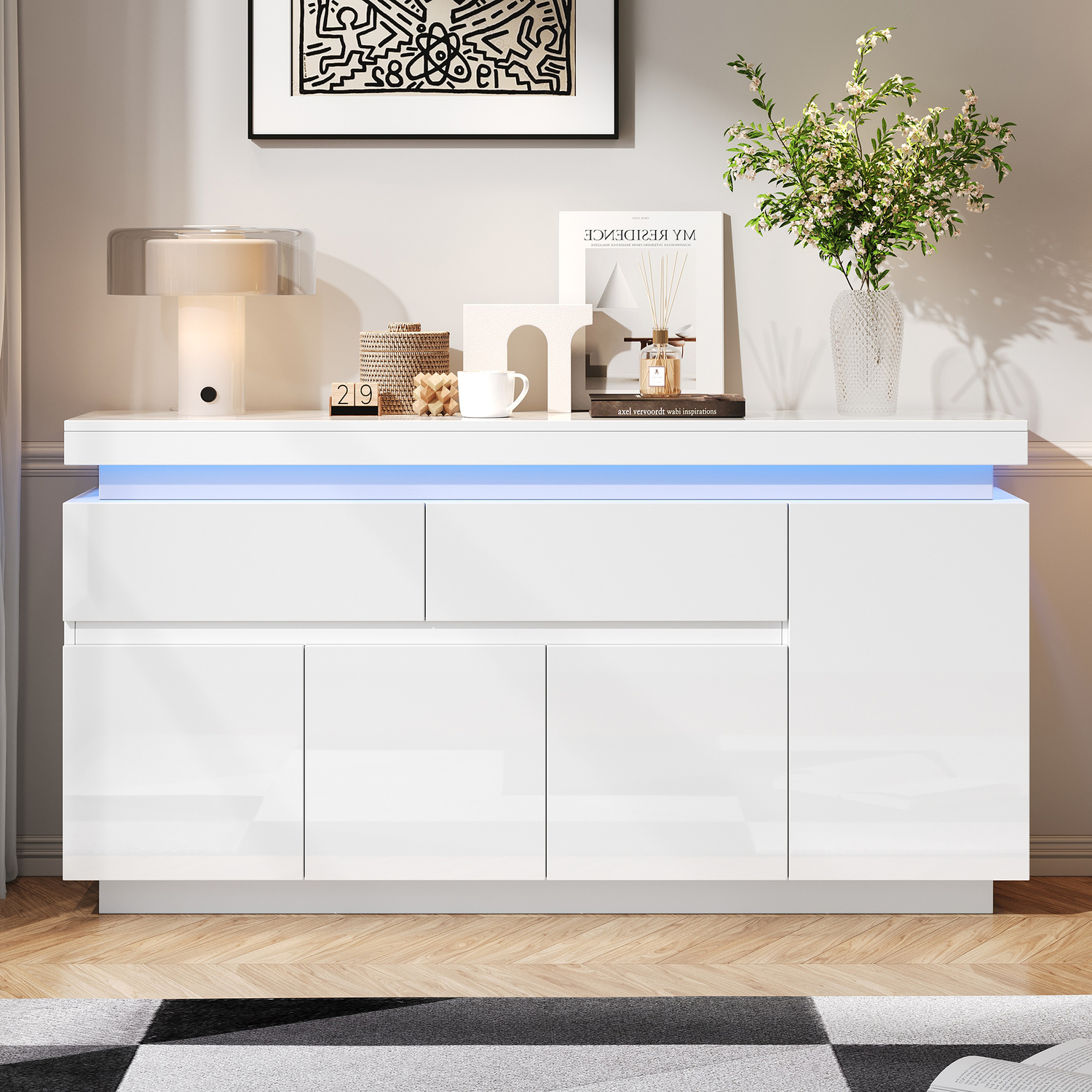 9331911104824 High Gloss Sideboard With Rgb Led Lights - White