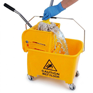 2 x Yellow 20L Strong Kentucky Plastic Mop Bucket With Wheels & Handle