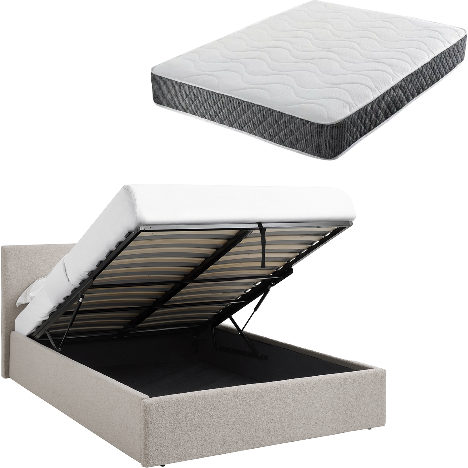 3FT Single Gas Lift Bedframe Cream Beige + Spring & Foam Mattress TEDDY BOUCLE - Image 6