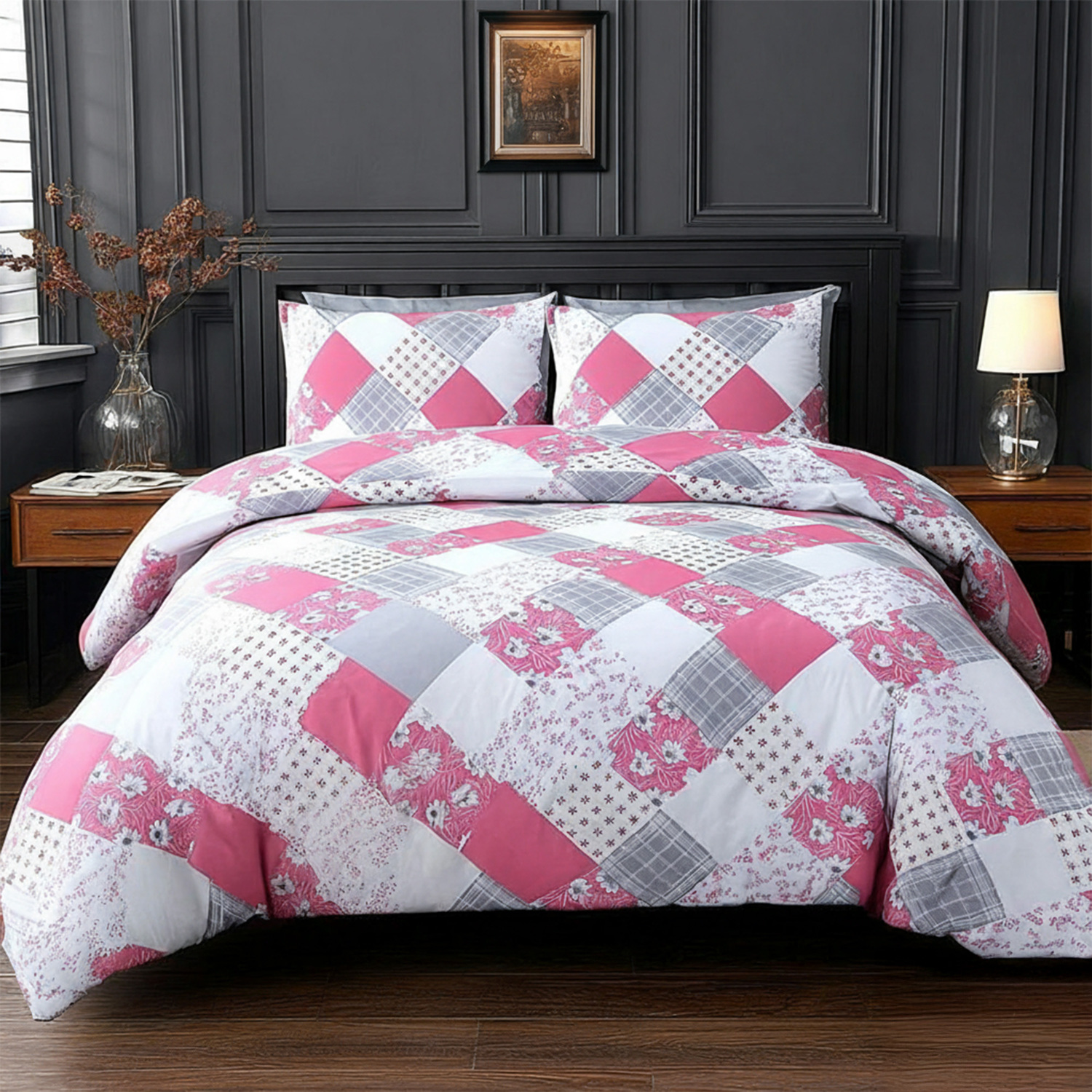 Snug City Duvet Cover Pillowcase Floral Patchwork Design Polycotton Bed Linen in Pink | Size: Single