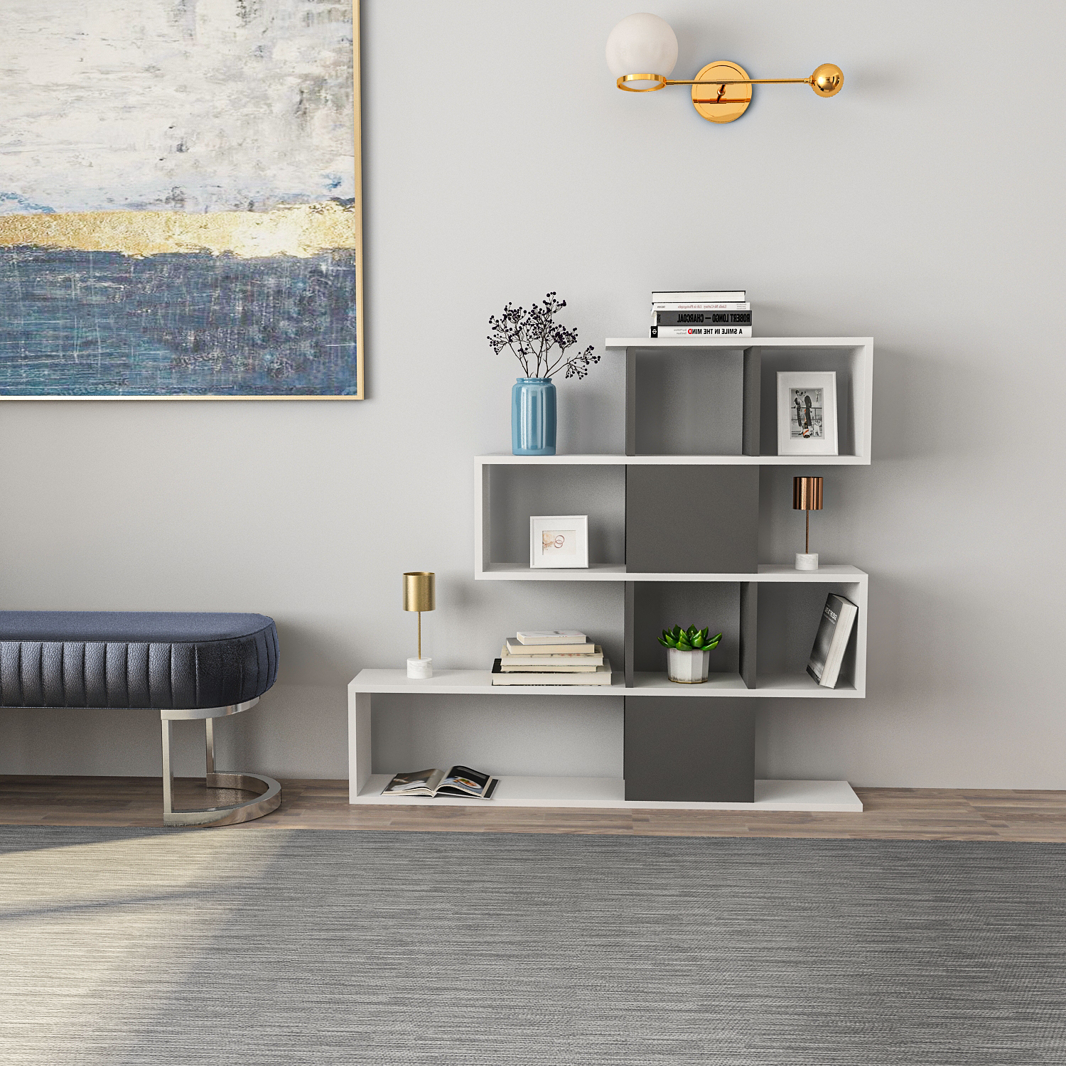 Decorotika Karlin Asymmetric Bookshelf Shelving Unit - White And Anthracite
