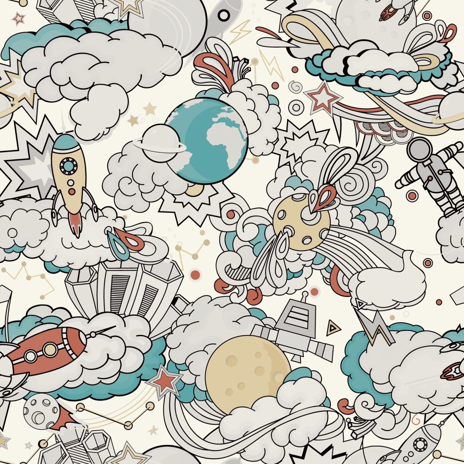Grandeco Retro Comic Space Rocket Nursery Textured Wallpaper - Blue