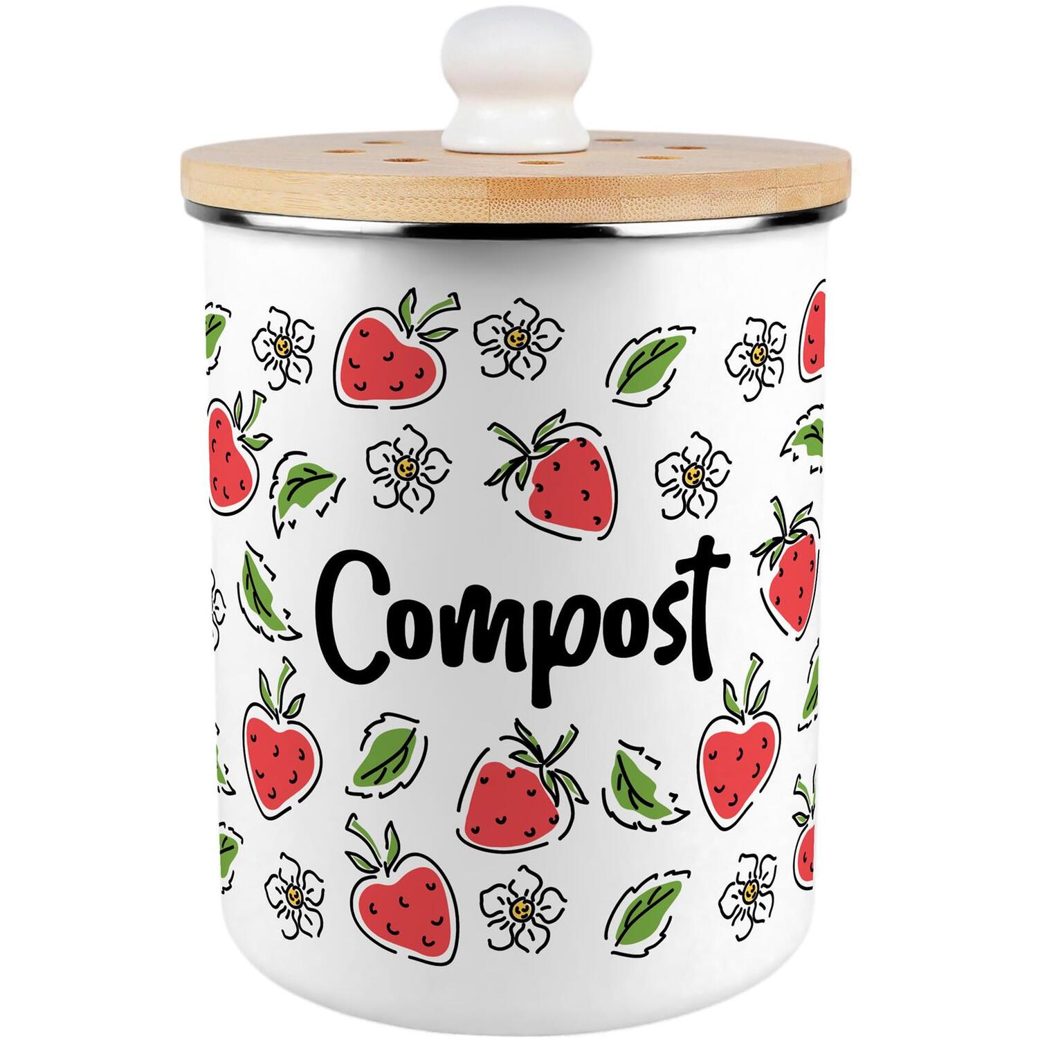Purely Home Strawberry Flowers Compost Caddy - Metal 2L Decorative Kitchen Food Waste Bin - Multicoloured