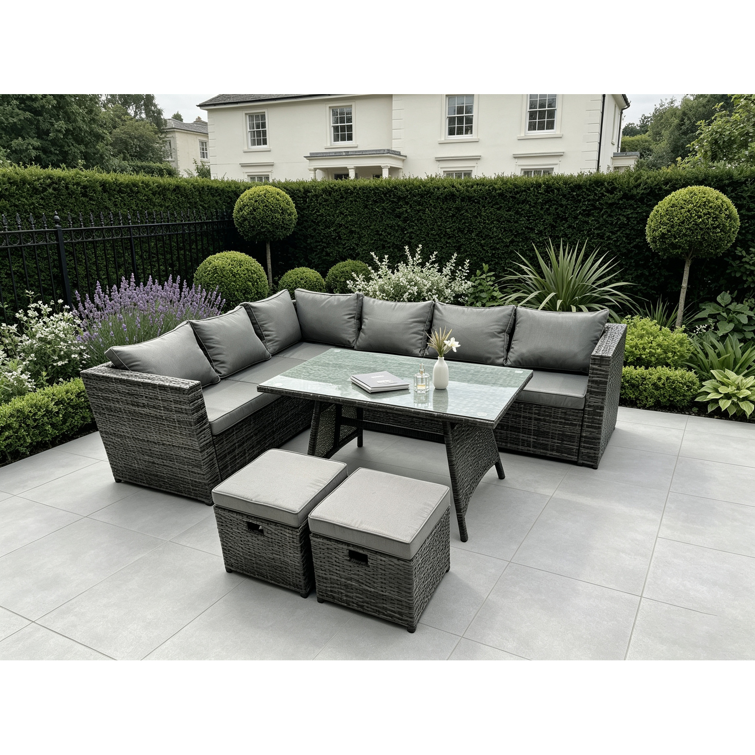 Fimous Dark/Grey Mixed Rattan Garden Outdoor Corner Sofa Set 8 Seater Rectangular Dining Table Small Footstools - Image 2