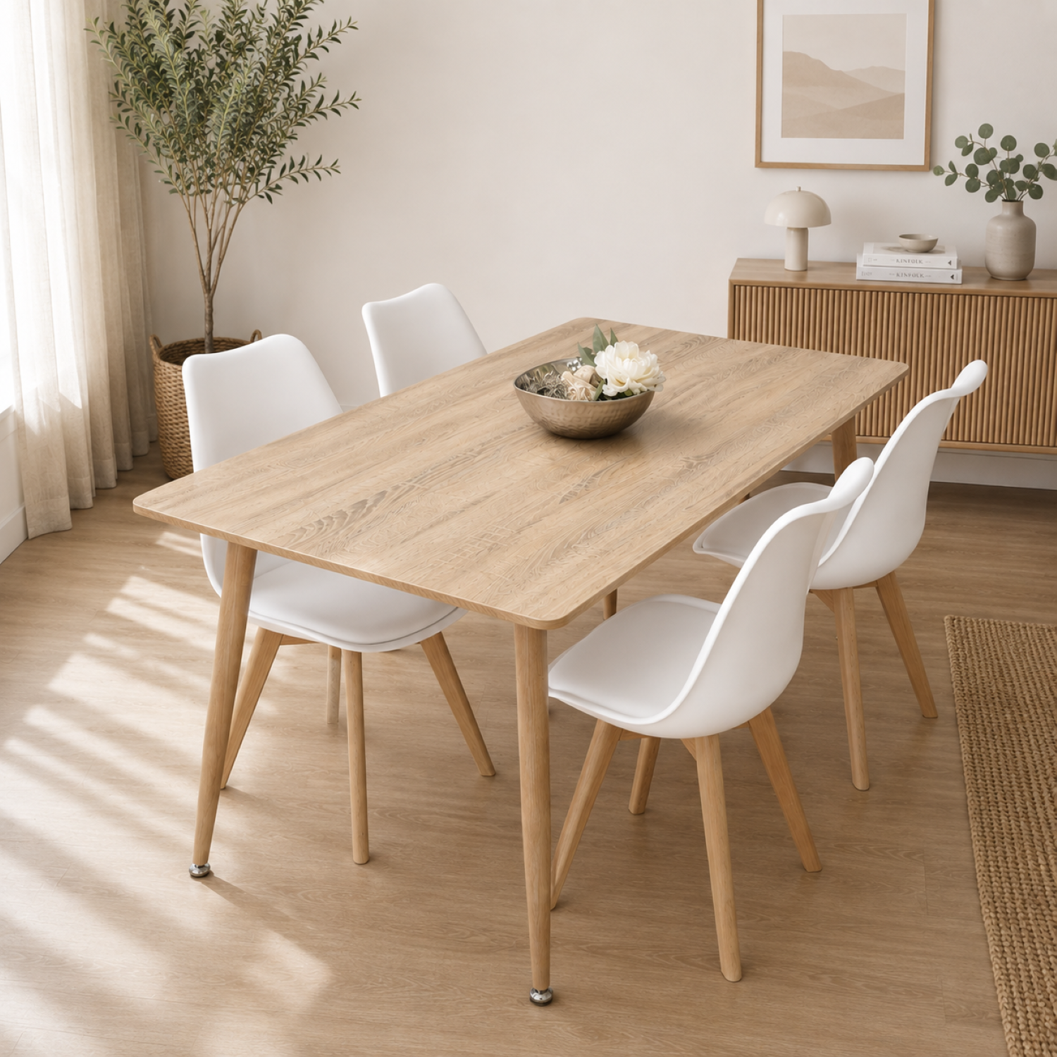 Kosy Koala 4 Seater Modern Dining Table 140Cm With Wood Effect Metal Leg And 4 White Chairs For Kitchen & Dining Room Furniture Set, Brown - Image 3