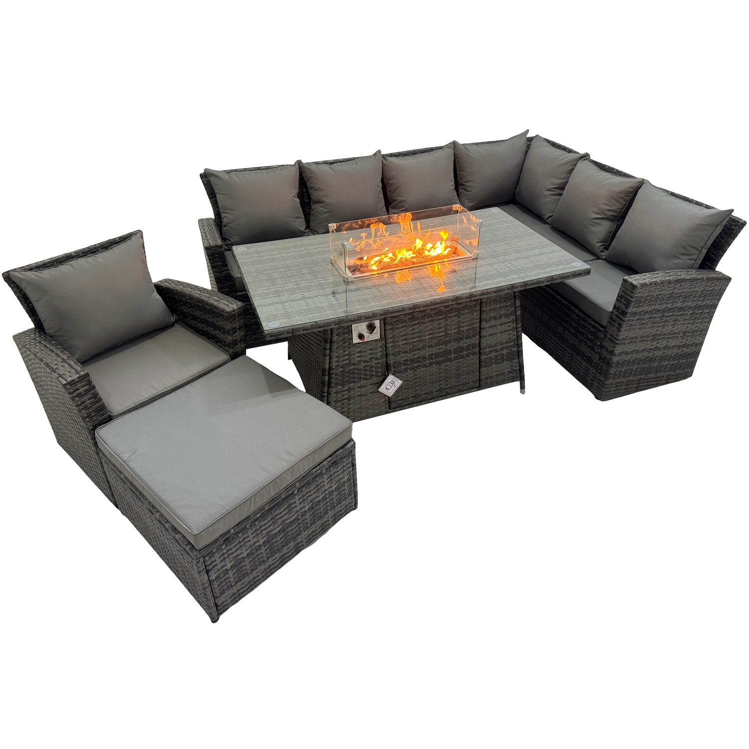 Rackhams Dark/Grey 8 Seater?Outdoor Rattan Gas Fire Pit Sofa Dining Set Garden Furniture Heater Dining Table Chair Mixed Right Side - Image 2