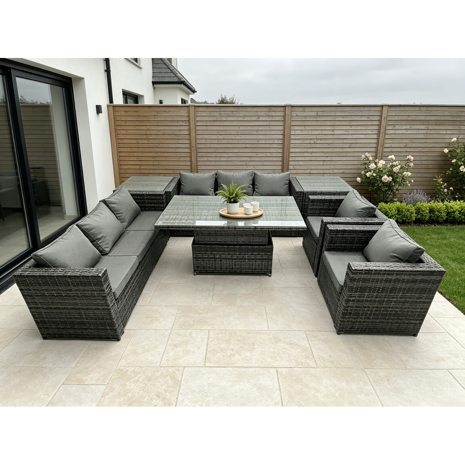 Rackhams Dark/Grey Wicker Pe Garden Furniture Rattan Sofa Set Outdoor Adjustable Rising Lifting Dining Table Set With 2 Armchairs 2 Side Tables Mixed - Image 2