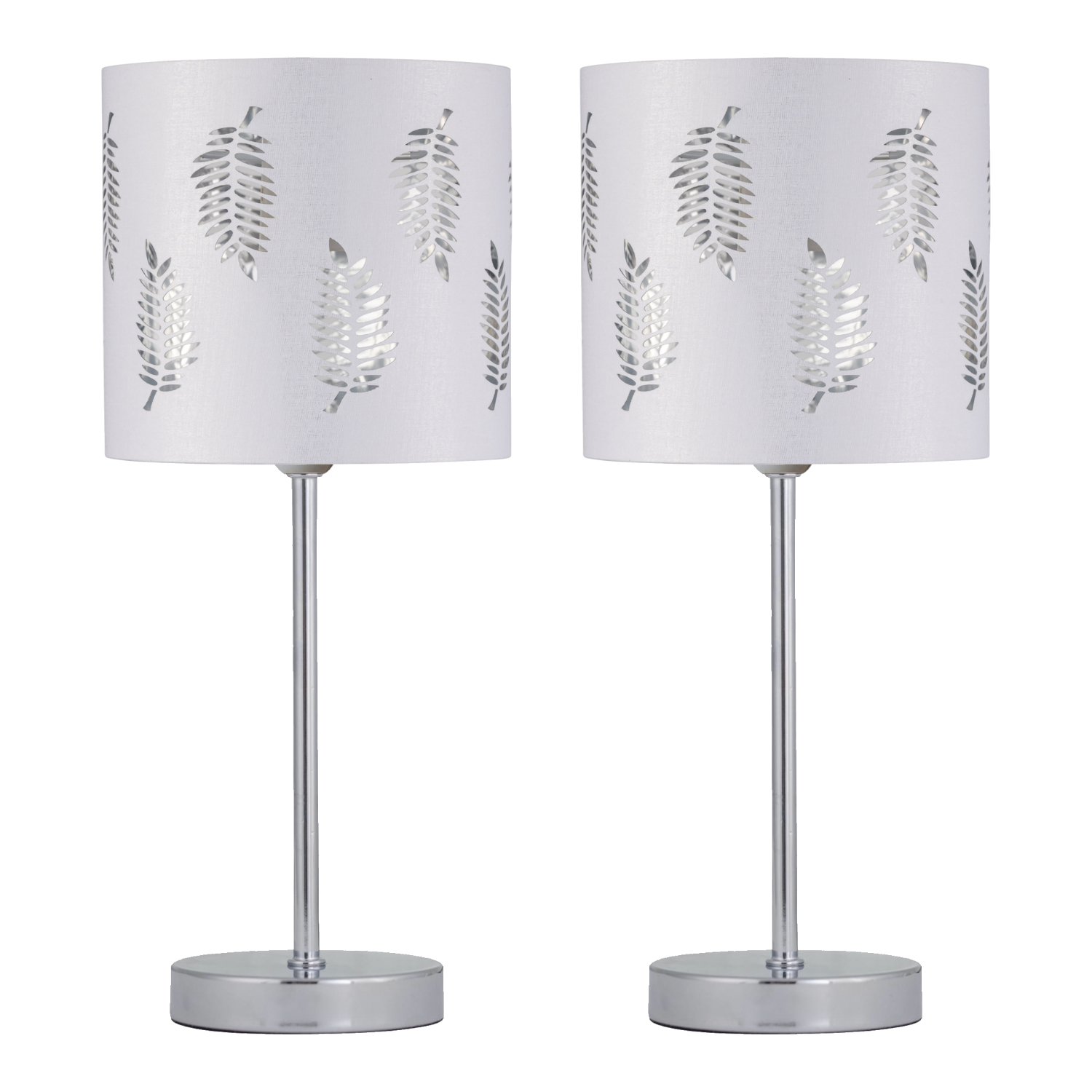 First Choice Lighting Set Of 2 Chrome Touch Operated Table Lamps With White Fern Shades - Chrome & White