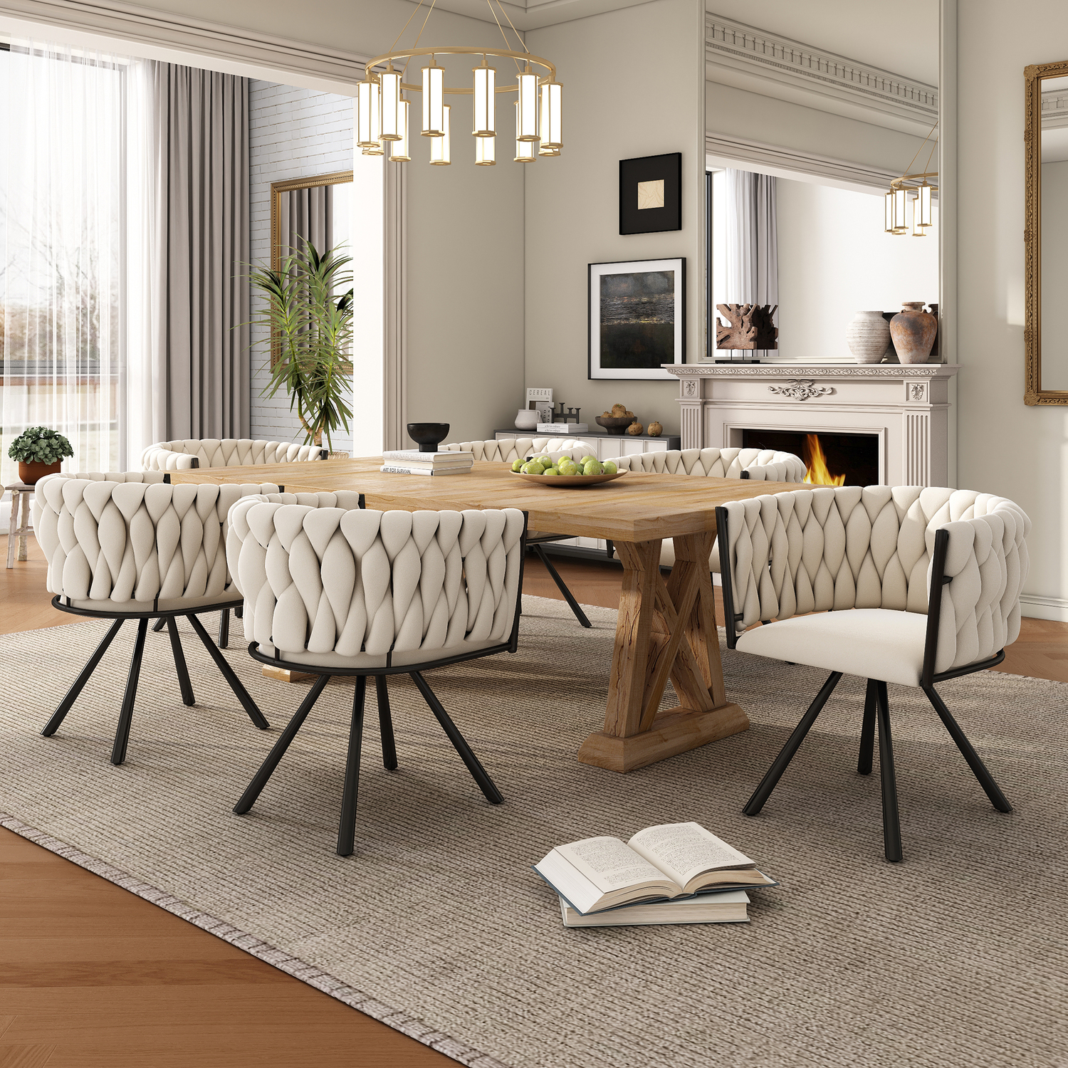 Aka Velvet Luxurious Swivel Chair With Four Metal Legs, Beige, Set Of 6 - Beige