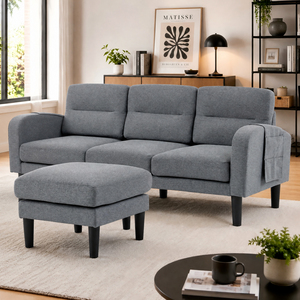 Grey Cotton and Linen L-Shaped Modular 3 Seater Sofa with Chaise Lounge and Side Storage Pockets