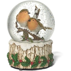 Robins on Perch Musical Christmas Snow Globe