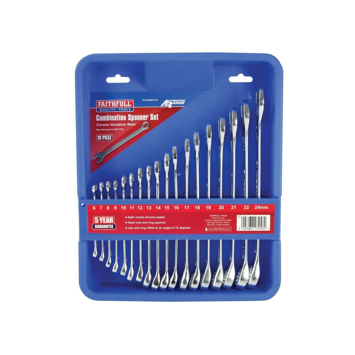 Faithfull Combination Spanner Set, Chrome Vanadium A - Multi Colour