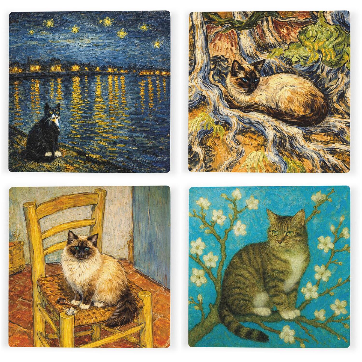 Van Gogh Cats Ceramic Coaster Set - Artwork Painting Gifts for Cat Lovers - Image 2