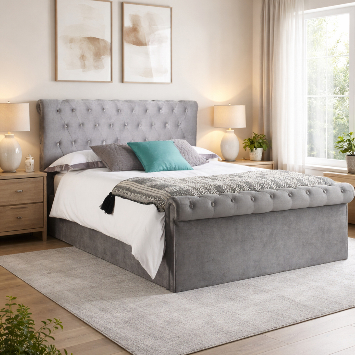 Aspire Mayfair Chesterfield Sleigh Ottoman Velvet Bed Frame - Grey / King