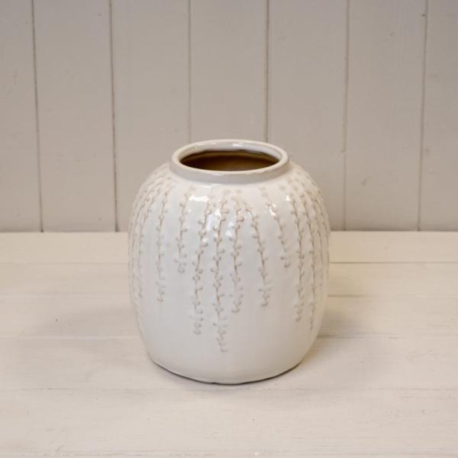  - Small Cream Ceramic Ribbed Vase - Image 3