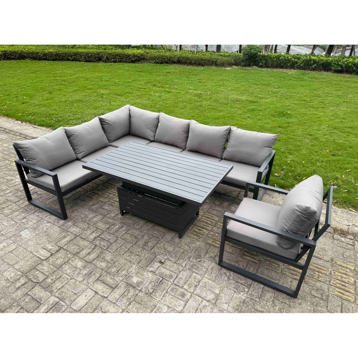 Fimous 6 Pieces Aluminium Garden Furniture Sets With Adjustable Rising Lifting Dining Table 7 Seater Corner Sofa Set Dark Grey - Image 3