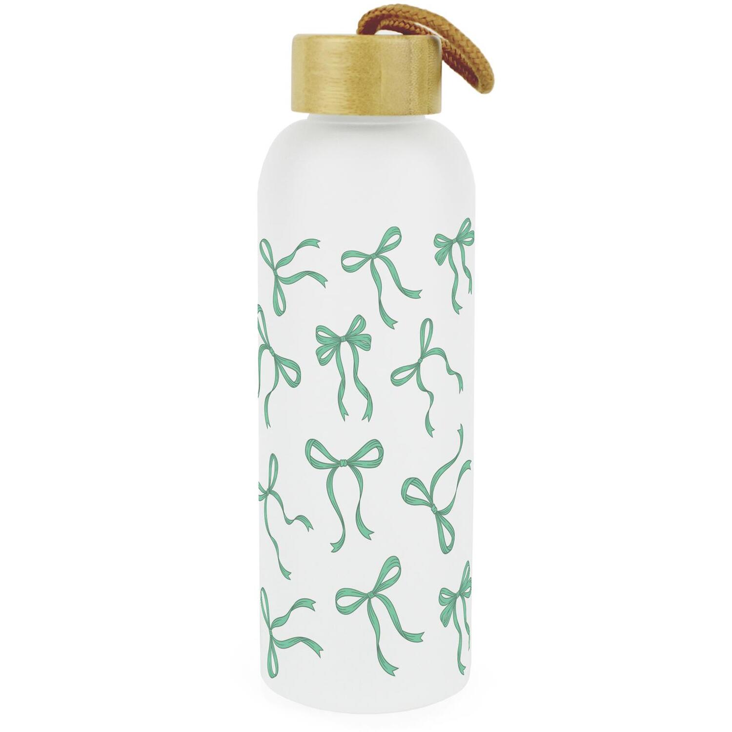 Green Bows Frosted Glass Water Bottle & Wooden Lid -Reusable Drinkware Gift - Image 2