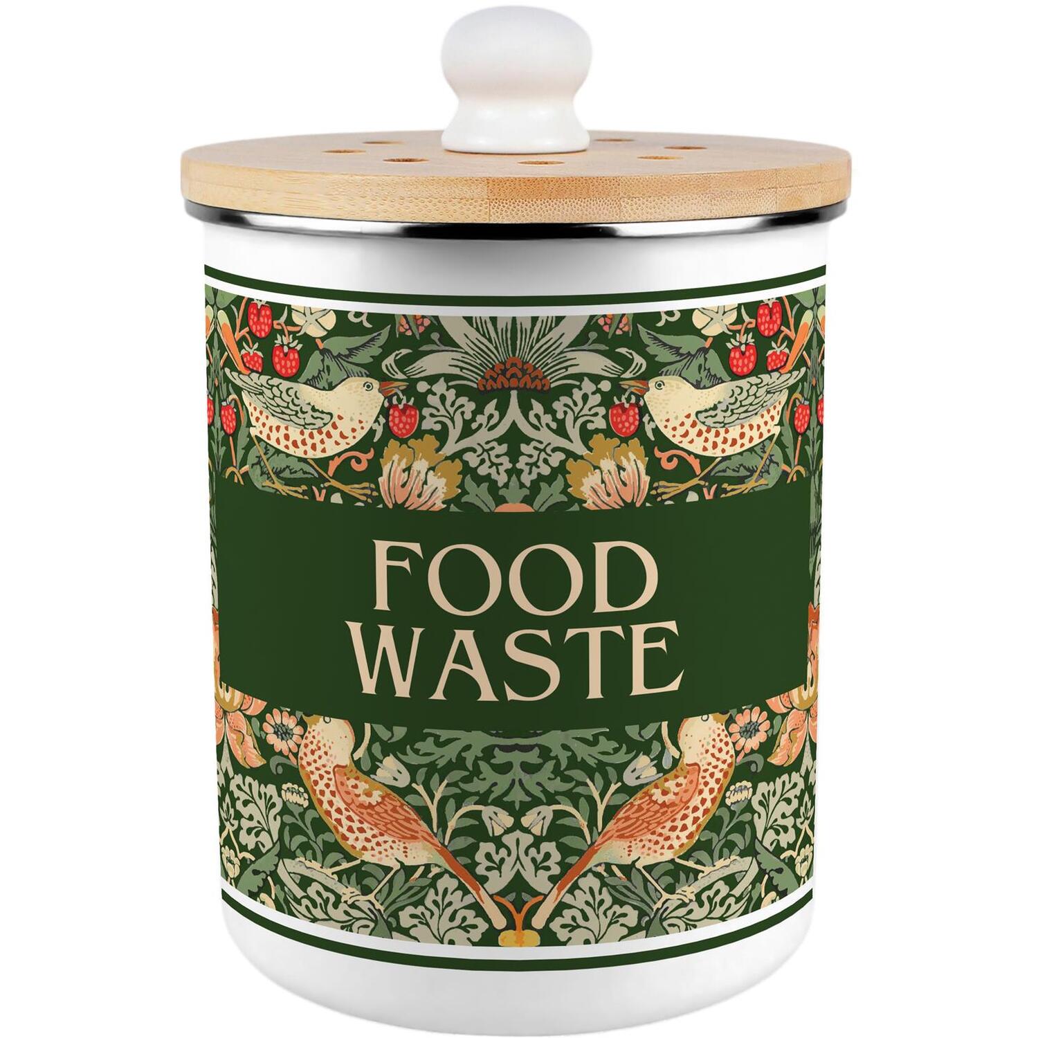 Purely Home Green Strawberry Thief Food Waste Caddy - Kitchen Decor Compost Bin, 2L - Green
