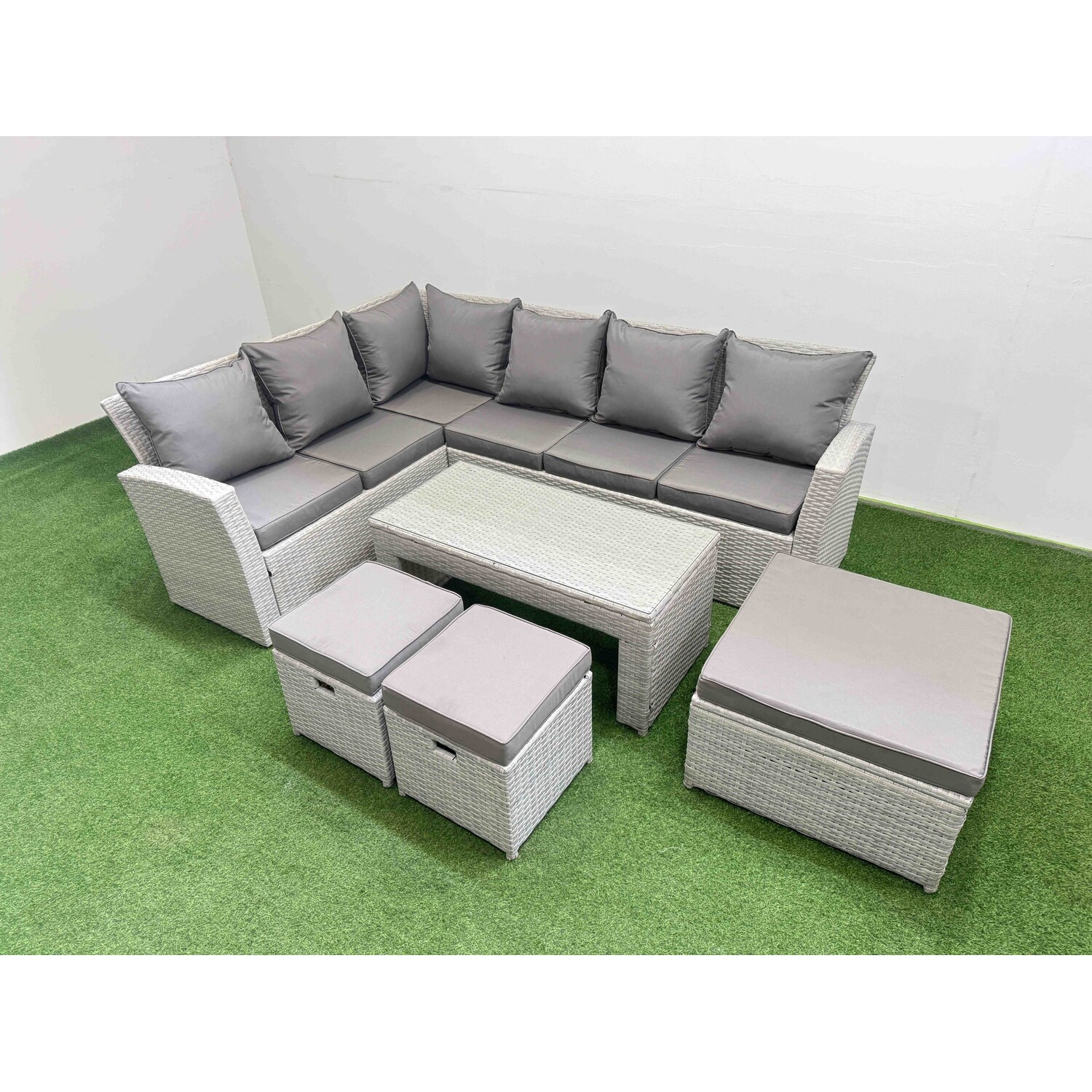 Fimous Unisex Light Grey Outdoor Seater Corner Sofa Sets With 3 Stools Mixed Size 9 - Image 2