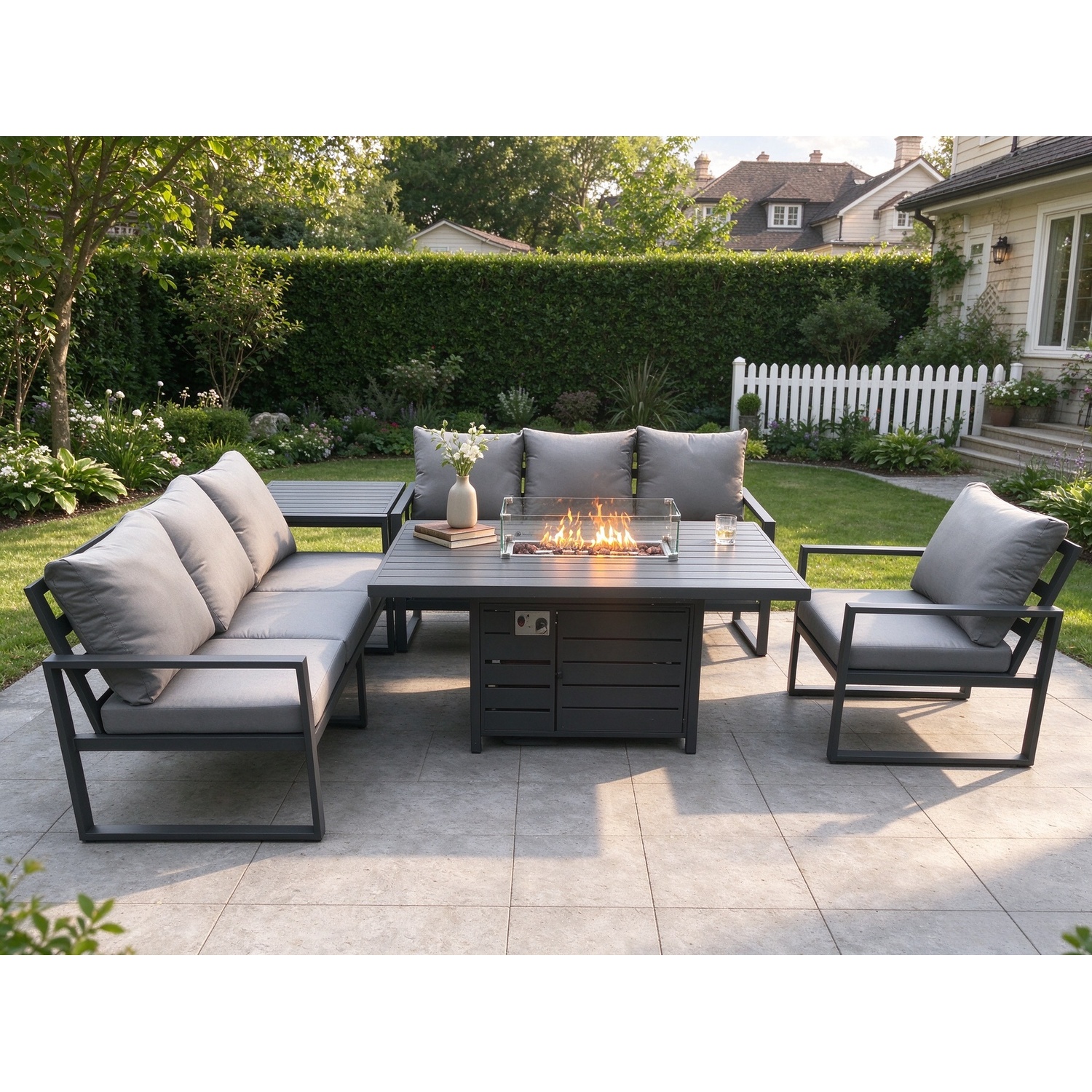 Fimous Dark/Grey Aluminium Outdoor Lounge Sofa Garden Furniture Sets Gas Fire Pit Dining Table Set With Side Table - Image 2
