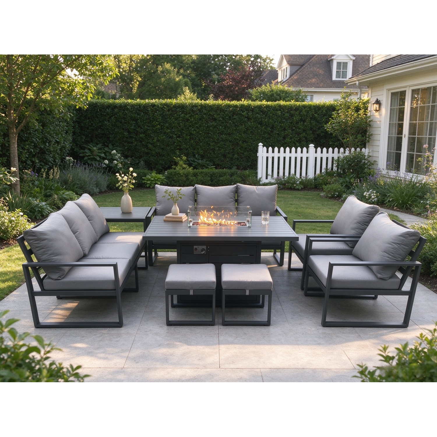 Rackhams Dark/Grey Aluminium Outdoor Garden Furniture Set Patio Lounge Sofa Gas Fire Pit Dining Table Set With 2 Small Footstools Side Table - Image 2
