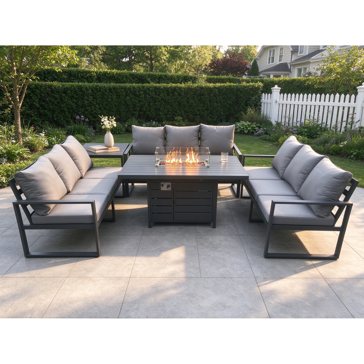 Rackhams Dark/Grey Aluminium 9 Seater Garden Furniture Outdoor Set Patio Lounge Sofa Gas Fire Pit Dining Table Set With Side Table - Image 2