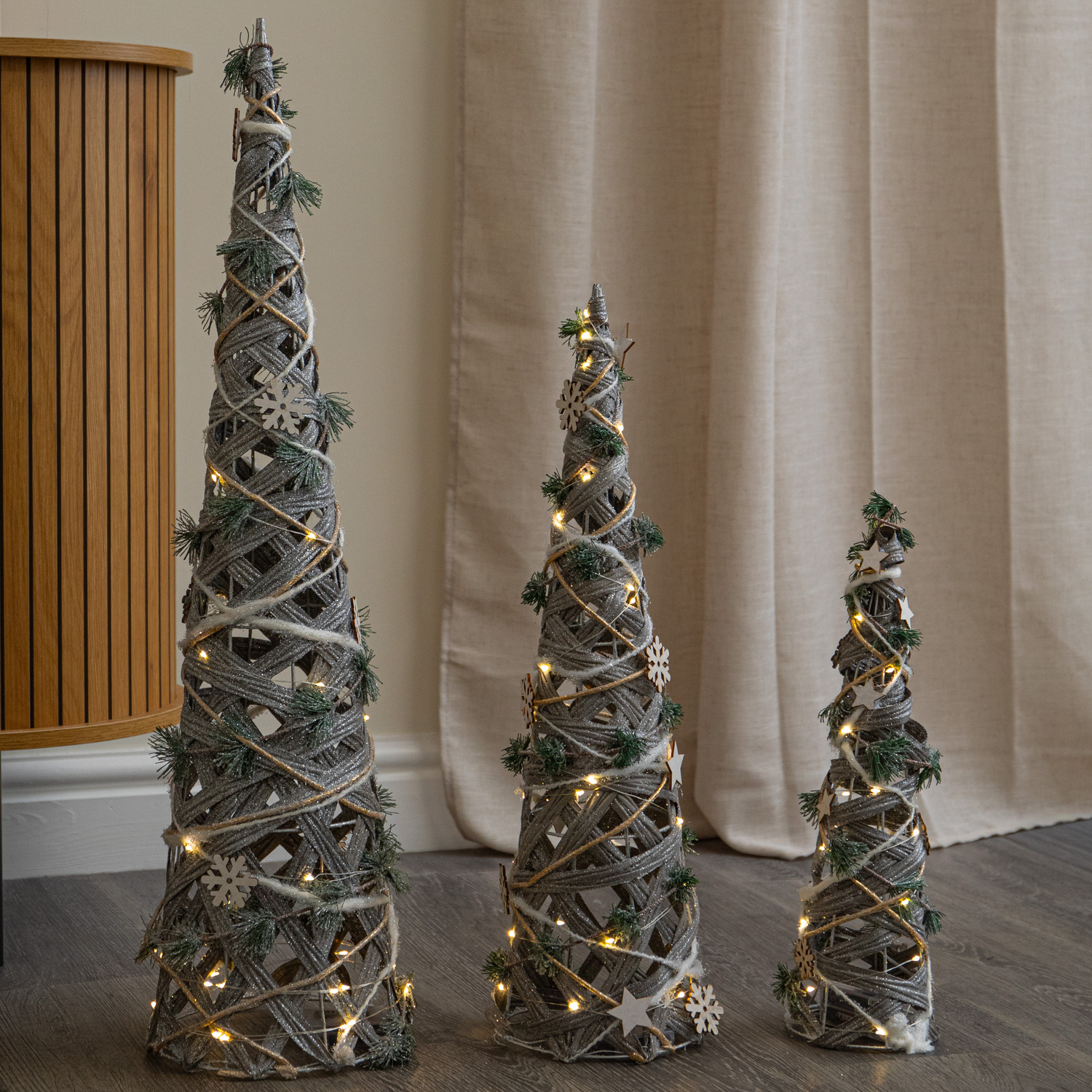 Samuel Alexander Set Of 3 Silver Snowflake Christmas Cone Trees With 90 Warm White Leds
