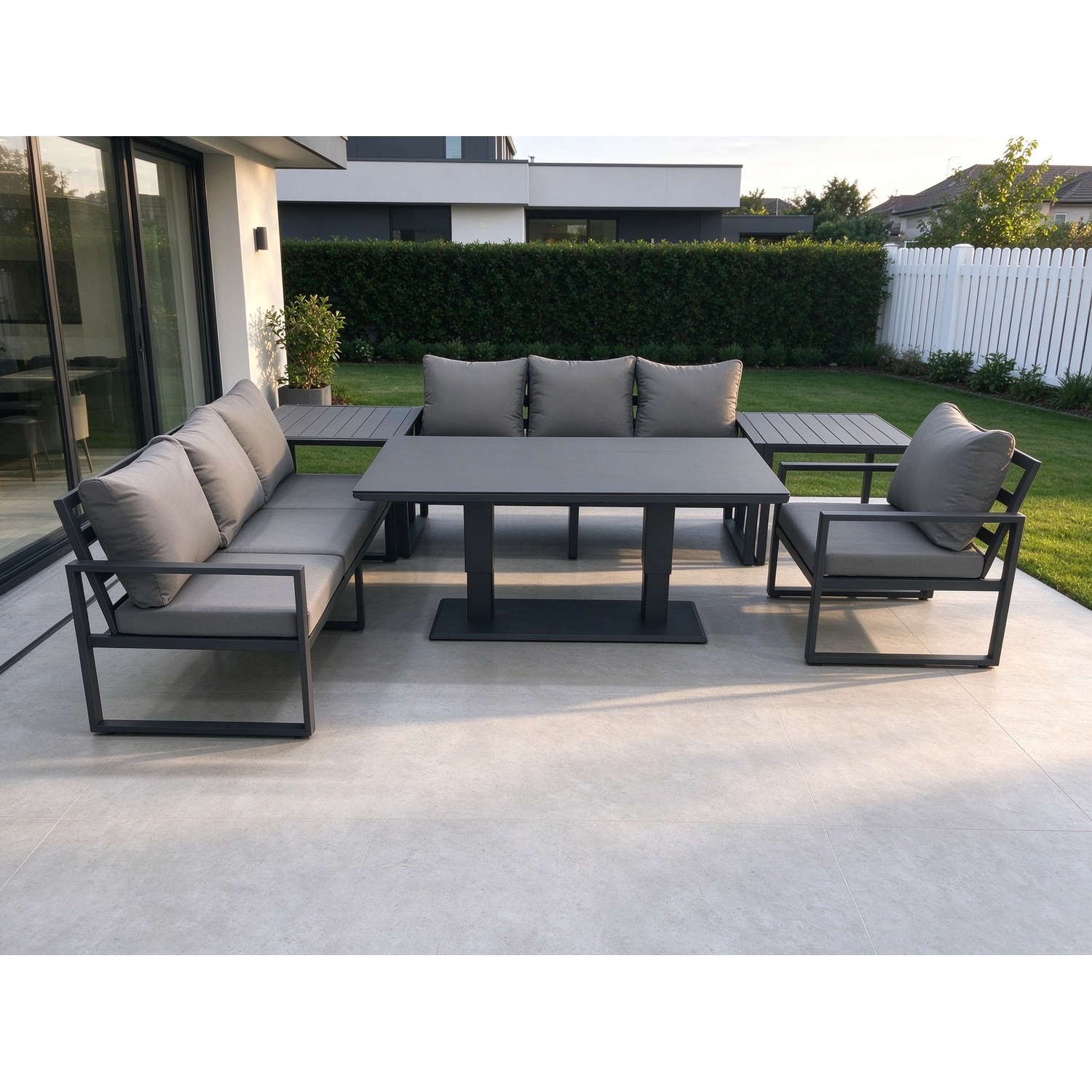 Fimous Outdoor Garden Furniture Set Aluminium Lounge Sofa Adjustable Rising Lifting Dining Table Sets With 2 Side Tables Dark Grey - Image 3