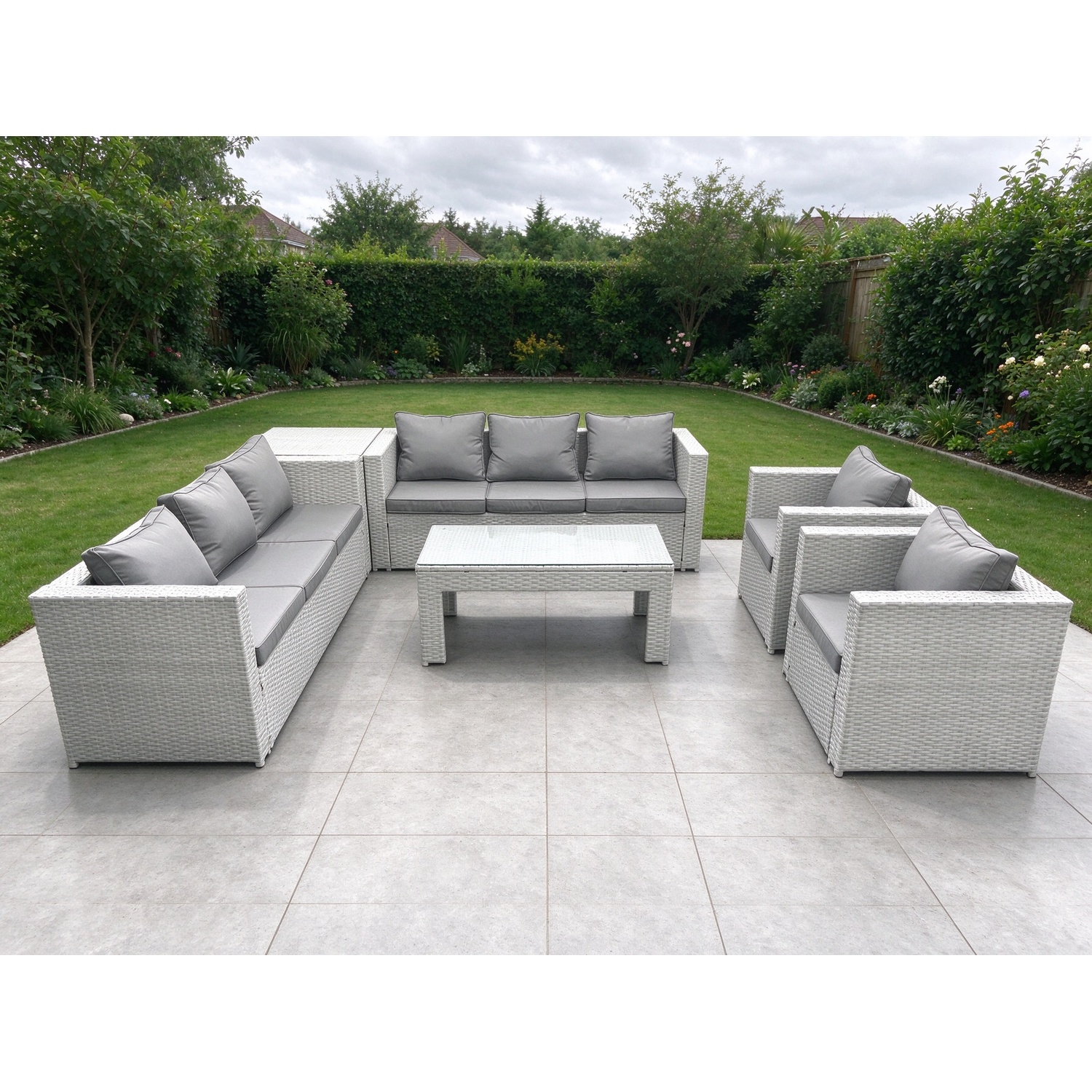 Fimous Outdoor Garden Furniture Rattan Sofa Set With 2 Armchairs Oblong Coffee Table Side Table Light Grey Mixed - Image 3