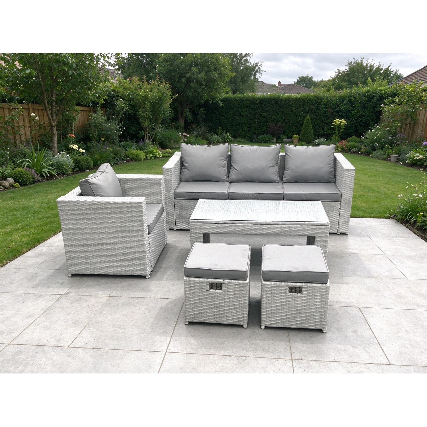 B&Q - Rattan Garden Furniture Set 5 Pieces Outdoor Garden Sofa Oblong Coffee Table Set Chair 2 Small Stools Light Grey - Image 2